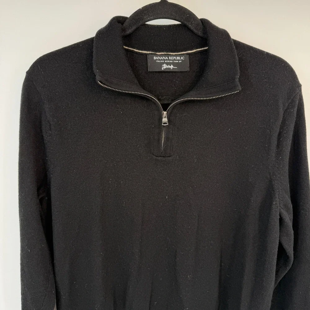 Banana Republic Mens Black Italian Merino Wool Quarter Zip Sweater Large Baruffa
